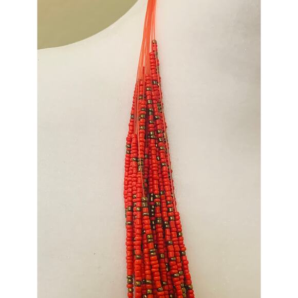 20 Strand Red Beaded Necklace, Seed Beads - Picture 4 of 6